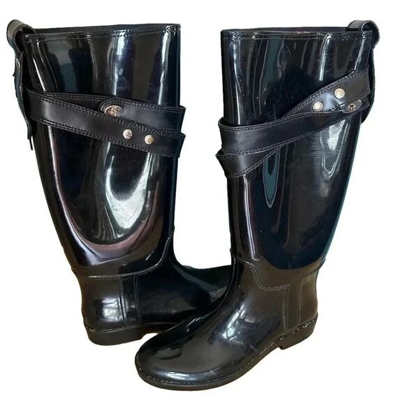 Coach Talia womens patent leather and rubber black high boots size 8 see details - Picture 1 of 9